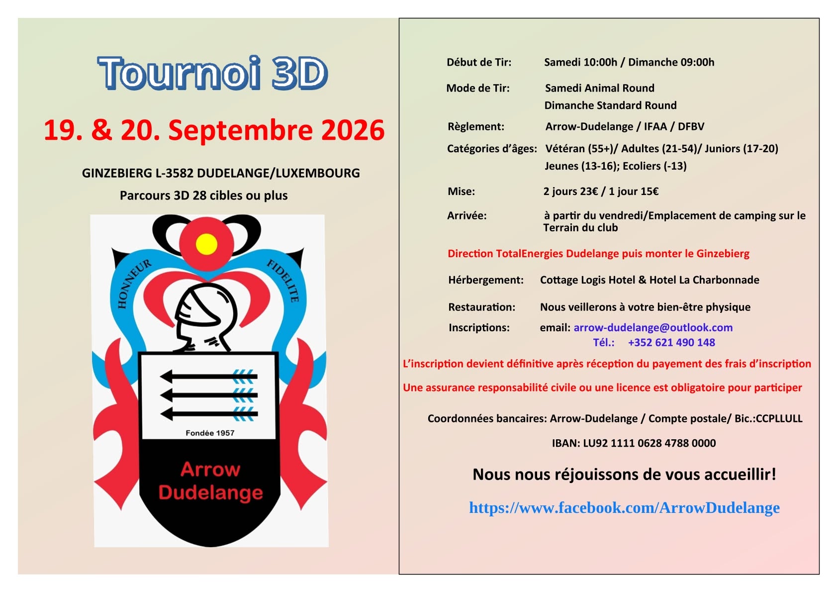 Affiche officielle en français du tournoi de tir à l'arc de septembre – Arrow Club Dudelange