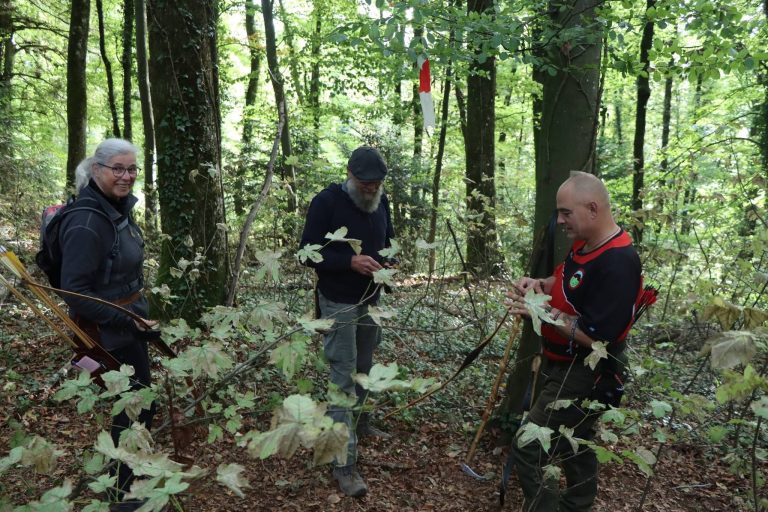 Drei Bogenschützen mit Bögen zwischen Blättern im Wald