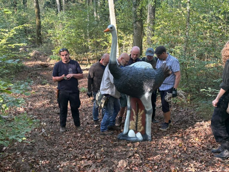 Gruppe von Bogenschützen neben einem 3D-Straußenziel im Laubwald