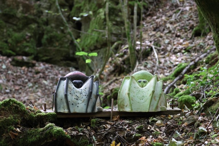 Zwei kleine 3D-Ziele in Weiß und Hellgrün auf einem Holzbrett am Waldhang