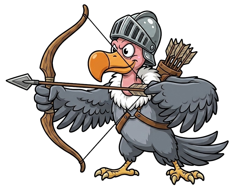 Maskottchen Geier mit Ritterhelm zielt mit Pfeil und Bogen