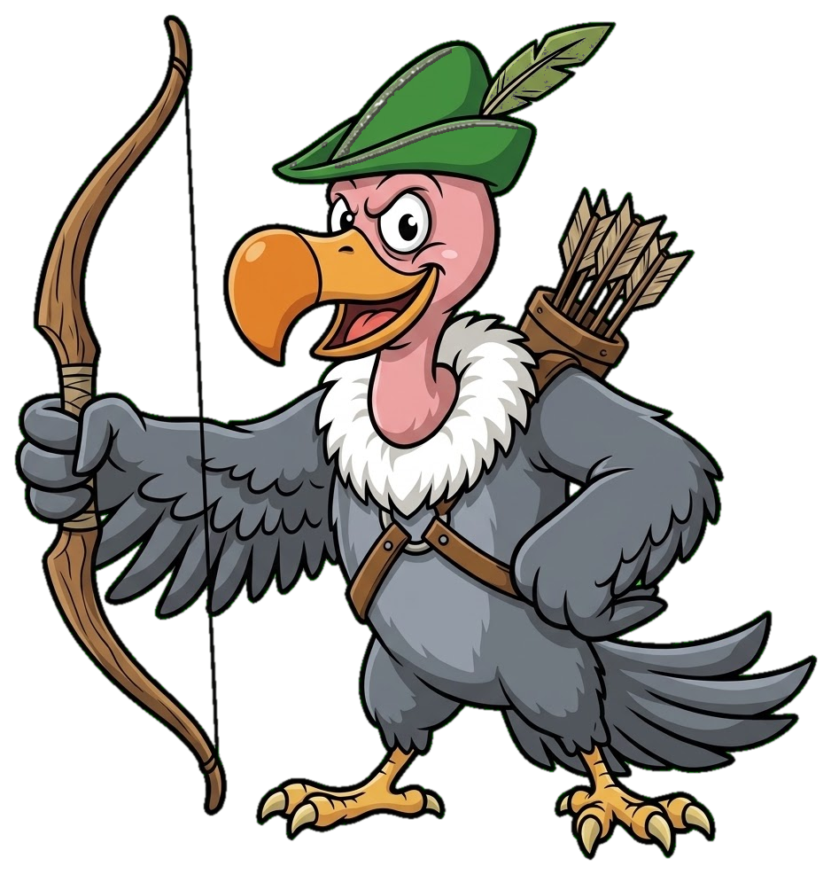 Maskottchen Geier mit Robin-Hood-Hut und Langbogen
