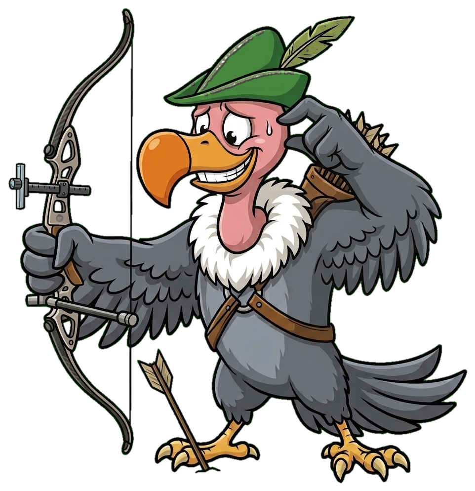 Maskottchen Geier mit Robin-Hood-Hut kratzt sich nach einem Fehlschuss verlegen am Kopf