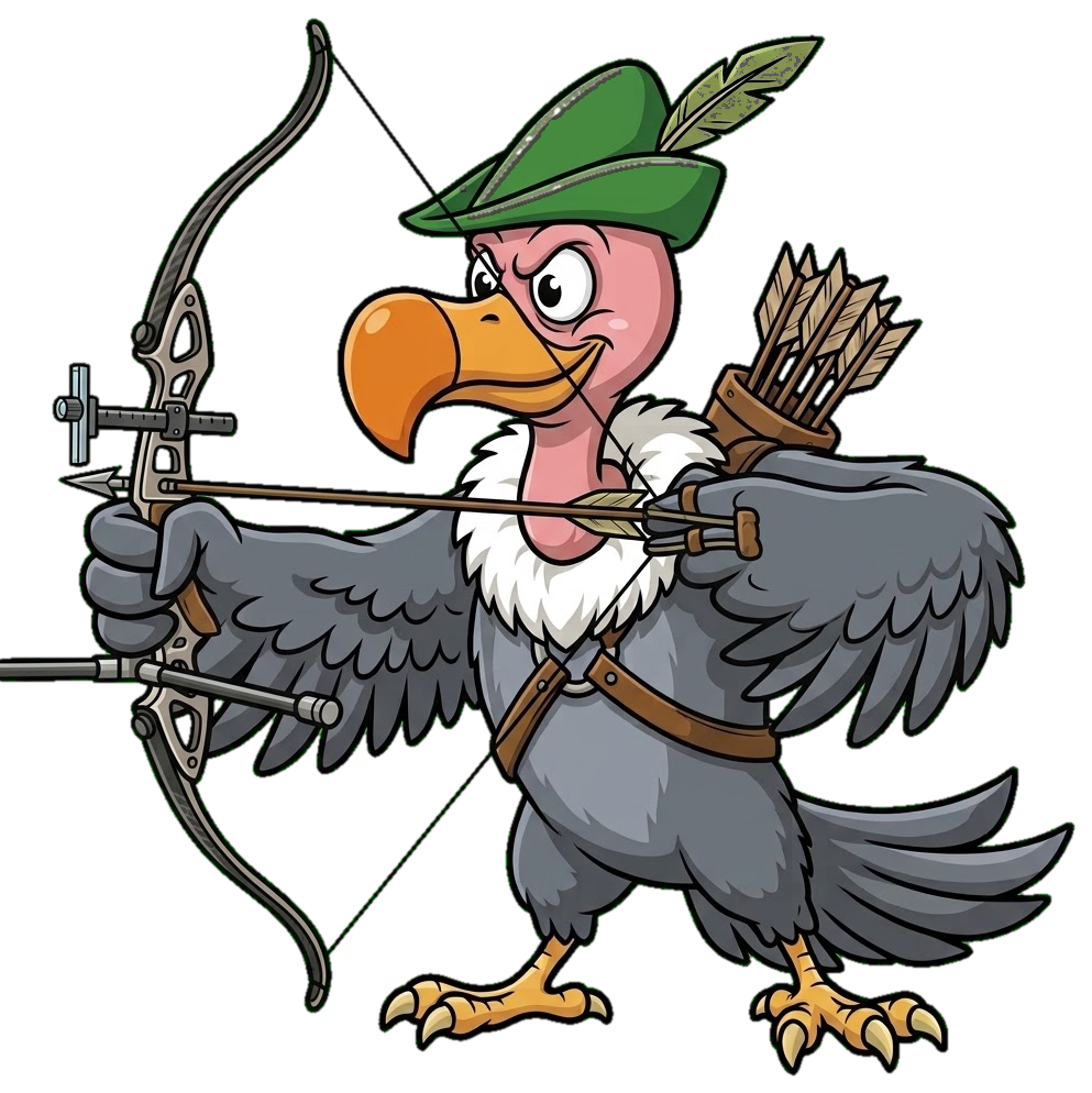 Maskottchen Geier mit Robin-Hood-Hut zielt mit dem Recurvebogen