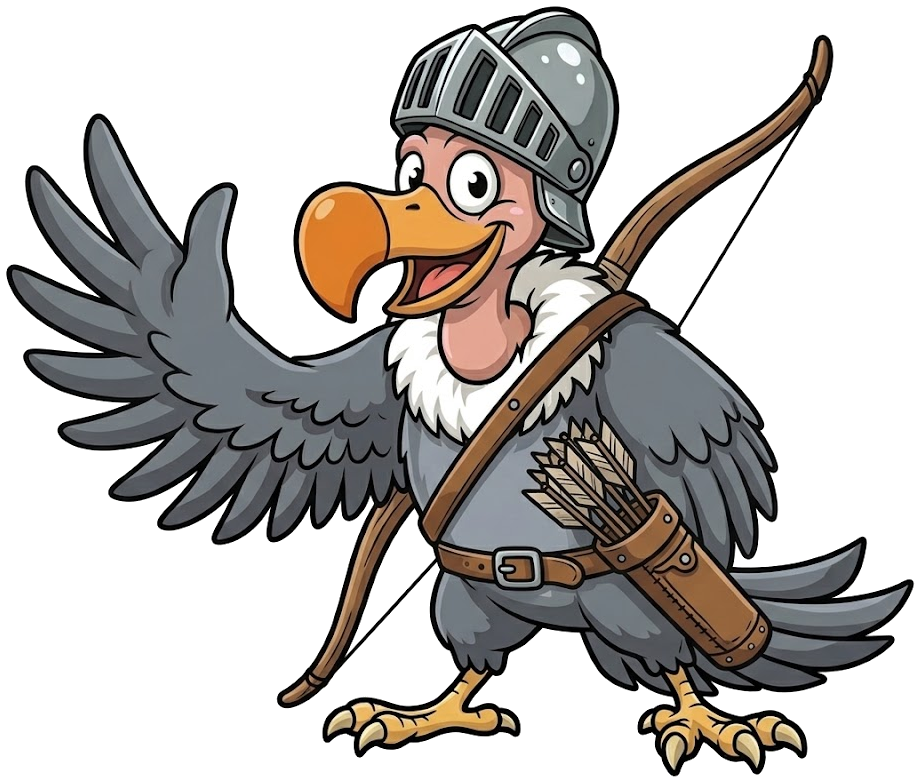 Maskottchen Geier als Ritter mit Helm winkt zur Begrüßung, Langbogen und Köcher auf dem Rücken