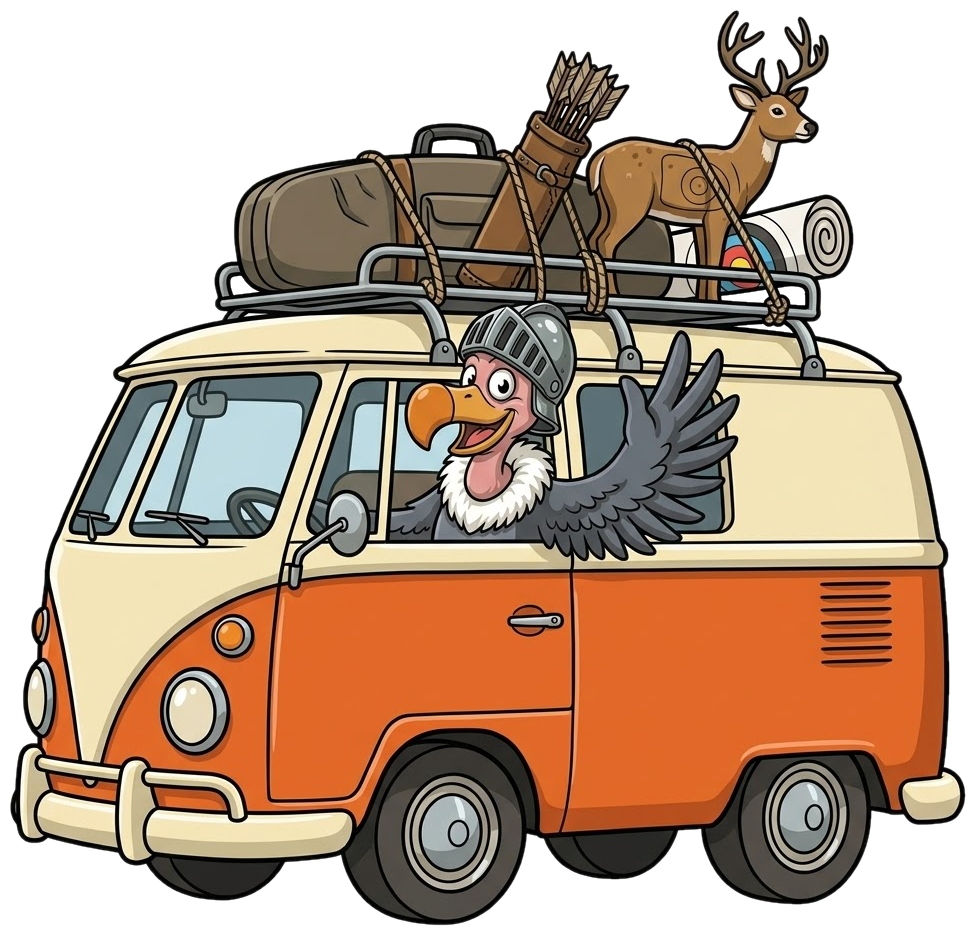 Maskottchen Geier winkt aus einem Retro-Bus voller Bogenausrüstung