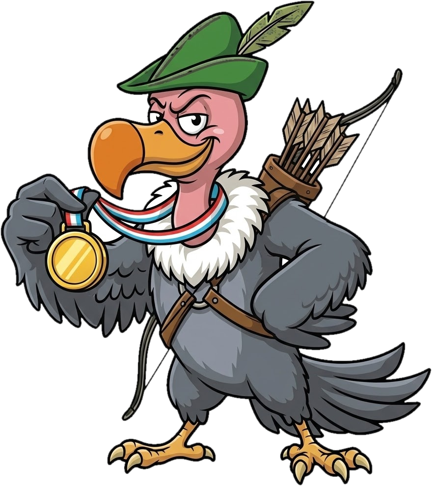 Maskottchen Geier mit Robin-Hood-Hut und Köcher hält stolz einen Langbogen