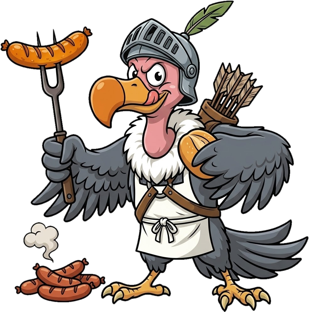 Maskottchen Geier mit Ritterhelm und Schürze hält eine Bratwurst auf der Grillgabel